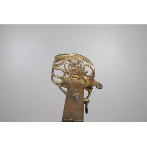 92 - A GEORGE IV 1822 PATTERN INFANTRY OFFICER'S SWORD AND SCABBARD. The 77.5 cm pipe-backed, spear-point... 