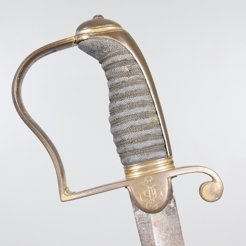 93 - AN 1825 PATTERN NAVAL STIRRUP HILTED SWORD BY OSBORN OF GUNBY STREET. With an 84 cm tapering, pointe... 