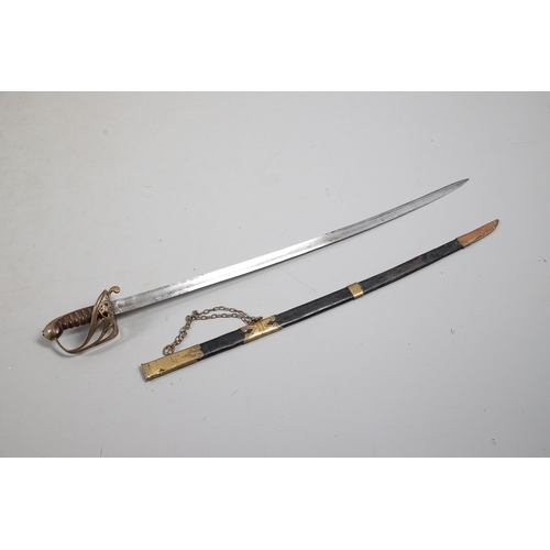 95 - A VICTORIAN 1845 PATTERN INFANTRY OFFICER'S SWORD AND SCABBARD. With an 81 cm spear pointed blade wi... 