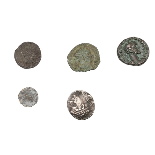1005 - A SMALL COLLECTION OF ANCIENT COINS INCLUDING A GREEK COIN FROM RHODES AND OTHERS. A Greek coin, bus... 