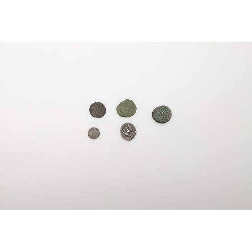 1005 - A SMALL COLLECTION OF ANCIENT COINS INCLUDING A GREEK COIN FROM RHODES AND OTHERS. A Greek coin, bus... 