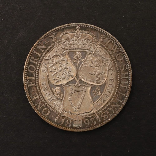1043 - A QUEEN VICTORIA PROOF FLORIN, 1893. Proof Florin, old veiled bust l. Reverse three shields within a... 