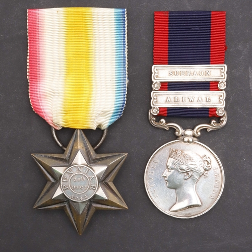 808 - A TWO CLASP SUTLEJ WITH FEROZESHUHUR REVERSE AND A GWALIOR STAR FOR THE PUNNIAR BATTLE, 1843, TO THE... 