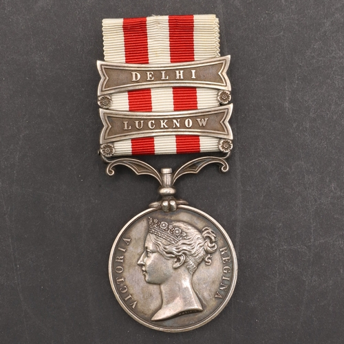 834 - A TWO CALSP INDIAN MUTINY MEDAL TO THE BENGAL HORSE ARTILLERY. An Indian Mutiny Medal with Lucknow a... 