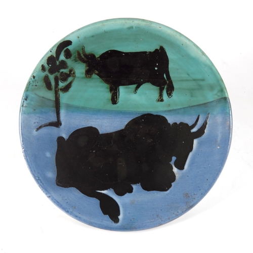 156 - PABLO PICASSO  (1881-1973) TOROS, PART GLAZED WHITE EARTHENWARE ROUND PLATE, BLUE, GREEN AND BLACK D... 