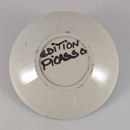 156 - PABLO PICASSO  (1881-1973) TOROS, PART GLAZED WHITE EARTHENWARE ROUND PLATE, BLUE, GREEN AND BLACK D... 