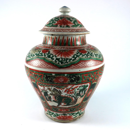 171 - ORIENTAL VASE AND COVER, THE COVER IS REPAIRED, approx. 32 cm high overall