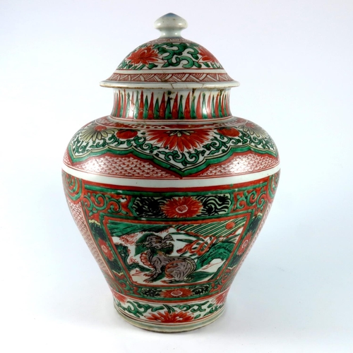 171 - ORIENTAL VASE AND COVER, THE COVER IS REPAIRED, approx. 32 cm high overall