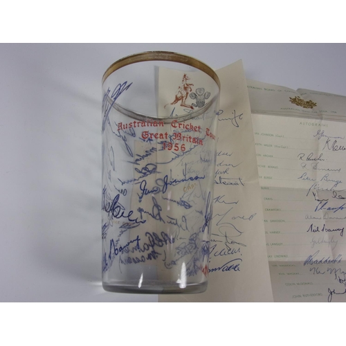 441 - AUSTRALIA CRICKET TOUR 1956, A 'SIGNED' GLASS BEARING AUSTRALIAN TEAM SIGNATURES AND HAND WRITTEN SI... 