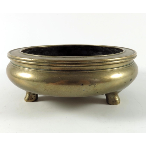 450 - ORIENTAL POLISHED BRONZE CENSER APPROX 16.5CMS DIAMETER RAISED ON 3 FEET OVERALL HEIGHT APPROX. 5.5C... 