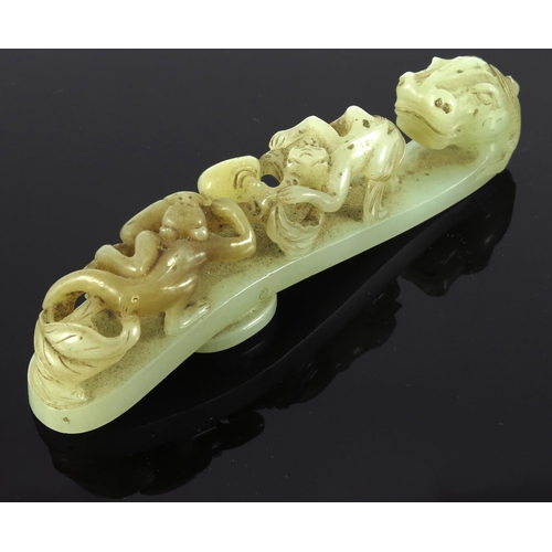 QING DYNASTY CARVED JADE BELT HOOK, APPROX. 13cm L.