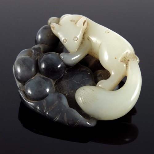 CHINESE QING DYNASTY 2 COLOUR JADE CARVING DEPICTING A SQUIRREL, FRUIT AND LEAF, APPROX. 5 X 5 cm