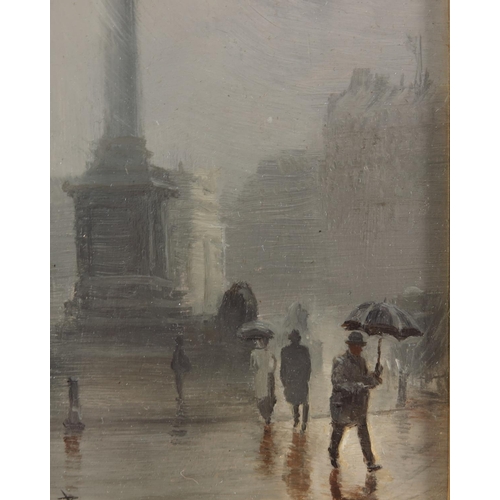 54 - GEORGE HYDE  POWNALL (1876 - 1932), OIL ON BOARD, 'A WET DAY, CHARING CROSS', APPROX. 23 X 14 cm