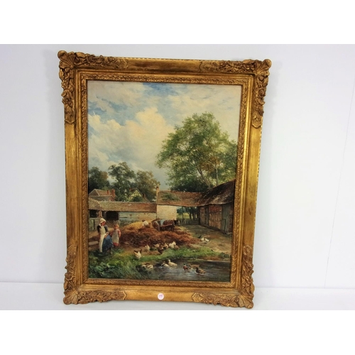 56 - DAVID BATES OIL ON CANVAS DEPICTING FARMYARD SCENE, approx. 61 x 36 cm