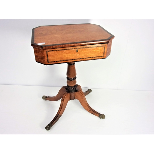 26 - MAHOGANY/SATINWOOD VICTORIAN WORK TABLE ON TURNED PEDESTAL