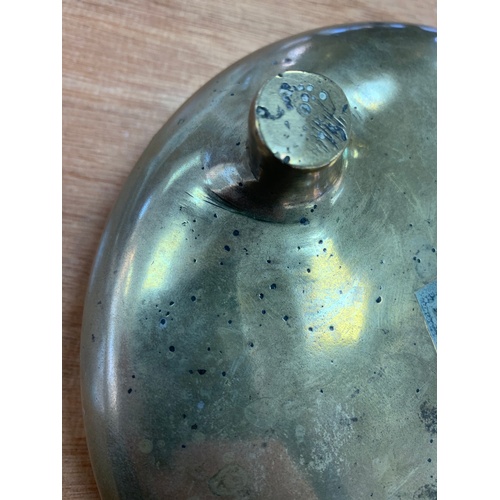 450 - ORIENTAL POLISHED BRONZE CENSER APPROX 16.5CMS DIAMETER RAISED ON 3 FEET OVERALL HEIGHT APPROX. 5.5C... 