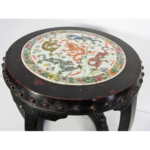 17 - ORIENTAL HARDWOOD BARREL SHAPED JARDINIÈRE STAND WITH PORCELAIN PANEL TO THE TOP AF