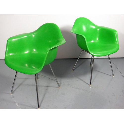 37 - PAIR OF BRIGHT GREEN FIBRE GLASS SHELL CHAIRS, DAX BY HERMAN MILLER CHROME LEGS