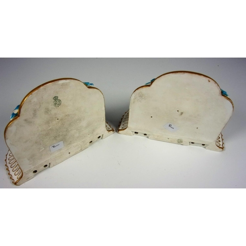 136 - ROYAL WORCESTER PORCELAIN, A PAIR OF DECORATIVE WALL SHELF BRACKETS APPROX 6 INS X 8 INS, GILT EDGIN... 