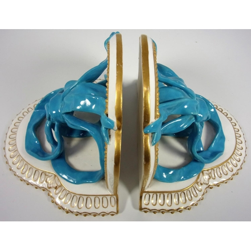 136 - ROYAL WORCESTER PORCELAIN, A PAIR OF DECORATIVE WALL SHELF BRACKETS APPROX 6 INS X 8 INS, GILT EDGIN... 