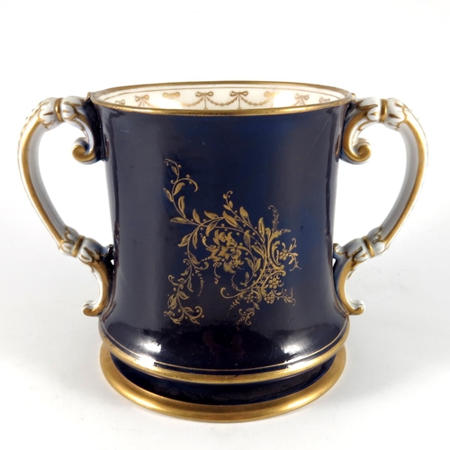 142 - LARGE ROYAL WORCESTER 2 HANDLED TANKARD PAINTED WITH PHEASANTS SIGNED STINTON WITH HAIRLINE CRACK, A... 