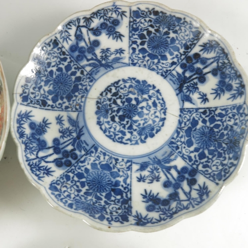 174 - JAPANESE SCALLOPED DISH WITH PEONY AND CHRYSANTHEMUM APPROX. 24cm DIA. AF, 3 CHINESE BLUE AND WHITE ... 