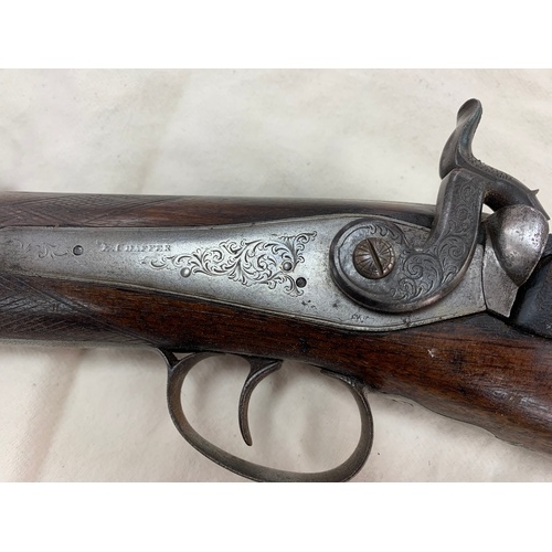 259 - PERCUSSION FOWLING PIECE GUN 6 BORE, 54INS BARREL, COMPLETE WITH RAM ROD. C.1850-1860, CHAFFER ON ST... 