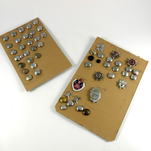 298 - COLLECTION OF CARD MOUNTED FIRE BRIGADE BUTTONS AND BADGES TO INC. BRITISH RAIL AND OVERSEAS