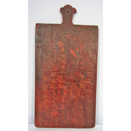 366 - INDIAN TEACHING BOARD, A PAINTED WOODEN BOARD, FLAT RECTANGULAR WITH PIERCED HANDLE, HINDU TEXT + ... 