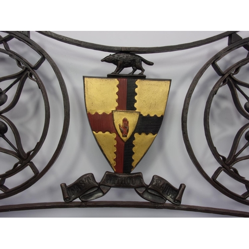 400 - UNUSUAL METAL BED HEAD (WALL HANGING?) WITH ARMORIAL SHIELD SHAPED PANEL