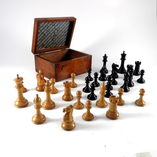 433 - A CHESS SET WITH CROWN MARKS ON TWO KNIGHTS AND TWO CASTLES, IN MAHOGANY BOX AND WITH A CHESS BOARD.