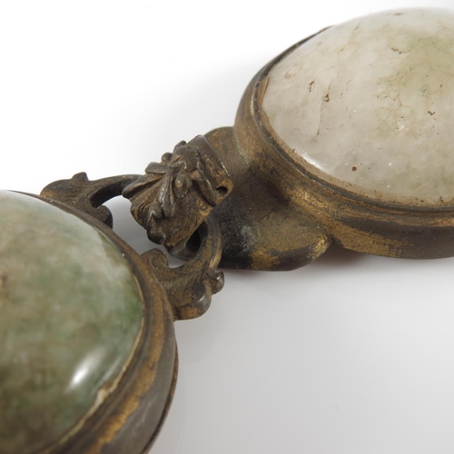 457 - CABOUCHON STONE, POSSIBLY JADE, 3 PANEL GILT METAL MOUNTED BELT WITH DRAGON MASK HOOKES, APPROX. 19 ... 