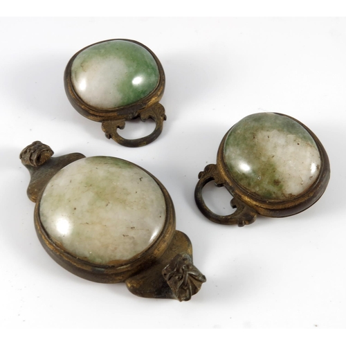 457 - CABOUCHON STONE, POSSIBLY JADE, 3 PANEL GILT METAL MOUNTED BELT WITH DRAGON MASK HOOKES, APPROX. 19 ... 