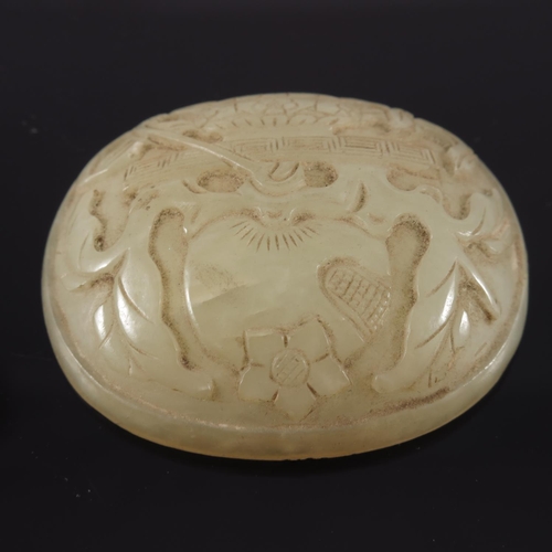 468 - CHINESE QING DYNASTY PALE GREEN JADE PANEL OF OVAL FORM DEPICTING A DECORATIVE URN AND FLOWERING LOT... 