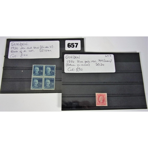 657 - STAMPS, SWEDEN.  1920 20O DULL BLUE (GUSTAV V) BLOCK OF 4.  UM.  SG104A.  CAT £124. T/W 1886 10ORE P... 