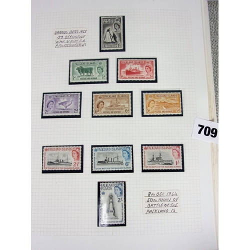 709 - STAMPS : BUFF COLOURED MULTO ALBUM, FALKLANDS ETC.