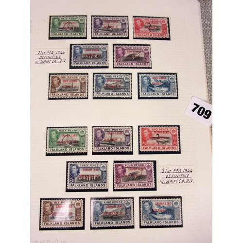 709 - STAMPS : BUFF COLOURED MULTO ALBUM, FALKLANDS ETC.