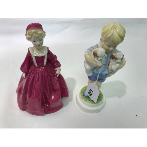 421 - 2 ROYAL WORCESTER FIGURES, MONDAYS CHILD (BOY) AND GRANDMOTHERS DRESS