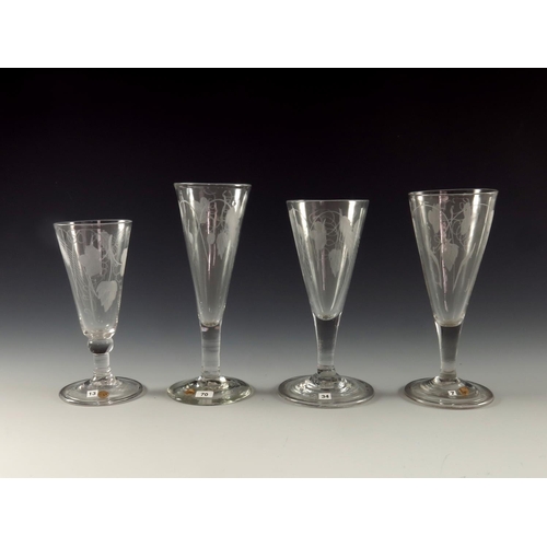 1801 - 4 ENGRAVED GEORGIAN ALE GLASSES WITH EARS OF BARLEY AND HOP DECORATION TALLEST APPROX. 15.5 cm, THE ... 