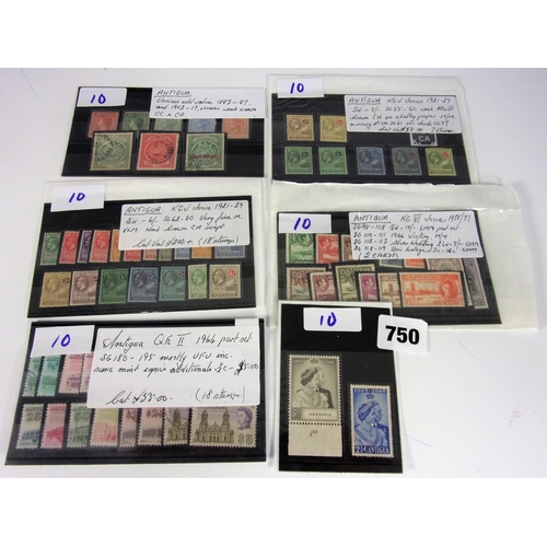 750 - ANTIGUA 6 STOCKSHEETS VARIOUS ISSUES 1883-1917 1921-29 SG55-60 3D 5/- CP 1921-29 SG62-80 ½D  4/- 19... 