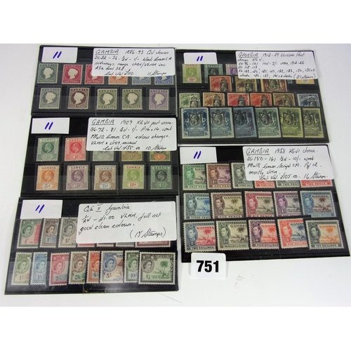 751 - GAMBIA 5 STOCKSHEETS VARIOUS ISSUES UMM/LMM 1886-93 SG22-36 ½D 1/- 1909 SG72-81 ½D 1/- PART SET 1912... 