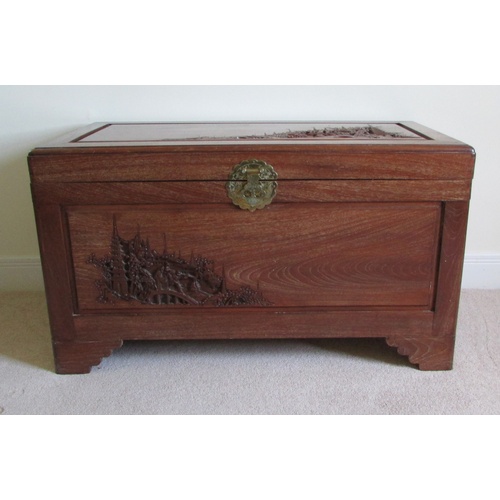 249 - CAMPHOR WOOD BLANKET CHEST WITH ORIENTAL CARVING