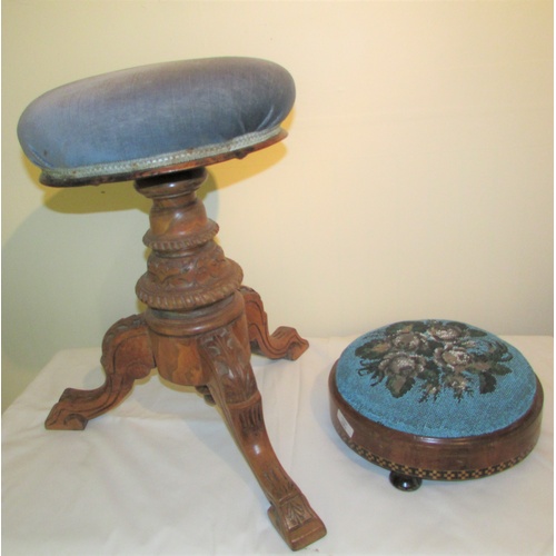 159 - ADJUSTABLE PIANO STOOL T/W SMALL TAPESTRY FOOT STOOL