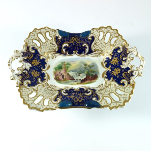 771 - GRAINGERS WORCESTER DISH WITH HAND PAINTED DECORATION 'A VISTA IN ITALY', PIERCED RECTANGULAR SHAPED... 