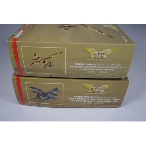 116 - CORGI AVIATION WW2 AIRCRAFT OF THE MTO, AA 36802 WESTLAND LYSANDER MK1 L6877 AND AA36303 FAIREY SWOR... 