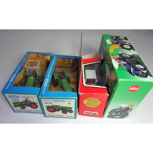249 - 4 BOXED TRACTORS SIKU FENDT XYON WITH ROPE WINCH, POLISTIL TRACTORRIE INTERNATIONAL CE 113, HAUSSER ... 