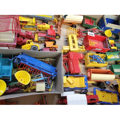 432 - BOX OF PREDOMINANTLY BRITAIN’S & CORGI FARM IMPLEMENTS, TRACTORS INCLUDING MANURE SPREADERS, TIPPING... 