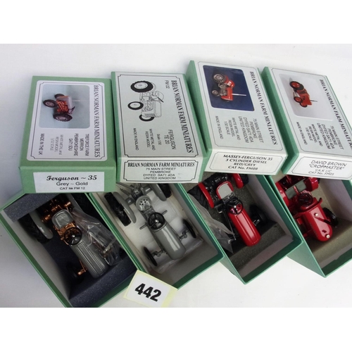 442 - 4 BRIAN NORMAN FARM MINIATURES : MASSEY FERGUSON 35 3 CYL RED / GREY, DAVID BROWN CROPMASTER, FERGUS... 