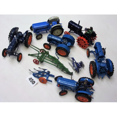 450 - COLLECTION OF FORDSON MAJOR TRACTORS AND IMPLEMENTS MAINLY SCALED DOWN AND BRITAIN’S COMPRISES 6 TRA... 