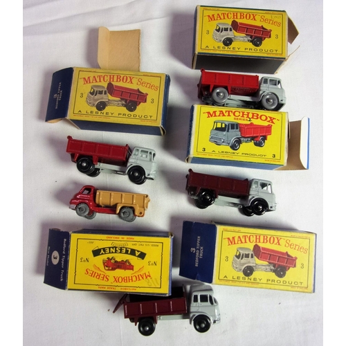 483 - 5 MATCHBOX 1-75 SERIES OF MODEL NUMBER 3 BEING THE BEDFORD TIPPER TRUCK IN SLIGHTLY DIFFERENT STYLES... 